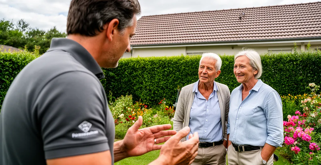 Artisan discutant avec un couple de propriétaires dans leur jardin avec vue sur la toiture de leur maison