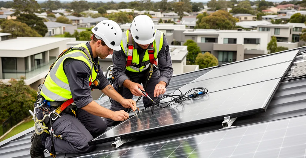Deux techniciens en équipement de sécurité travaillant sur une installation de panneaux solaires