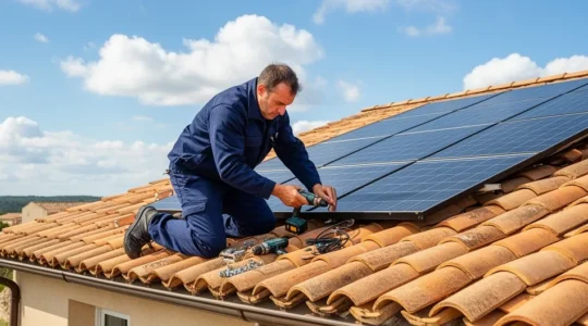 Technicien en tenue de travail positionnant un panneau photovoltaïque sur une toiture de maison individuelle