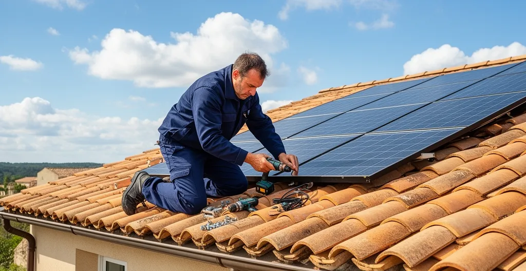 Technicien en tenue de travail positionnant un panneau photovoltaïque sur une toiture de maison individuelle