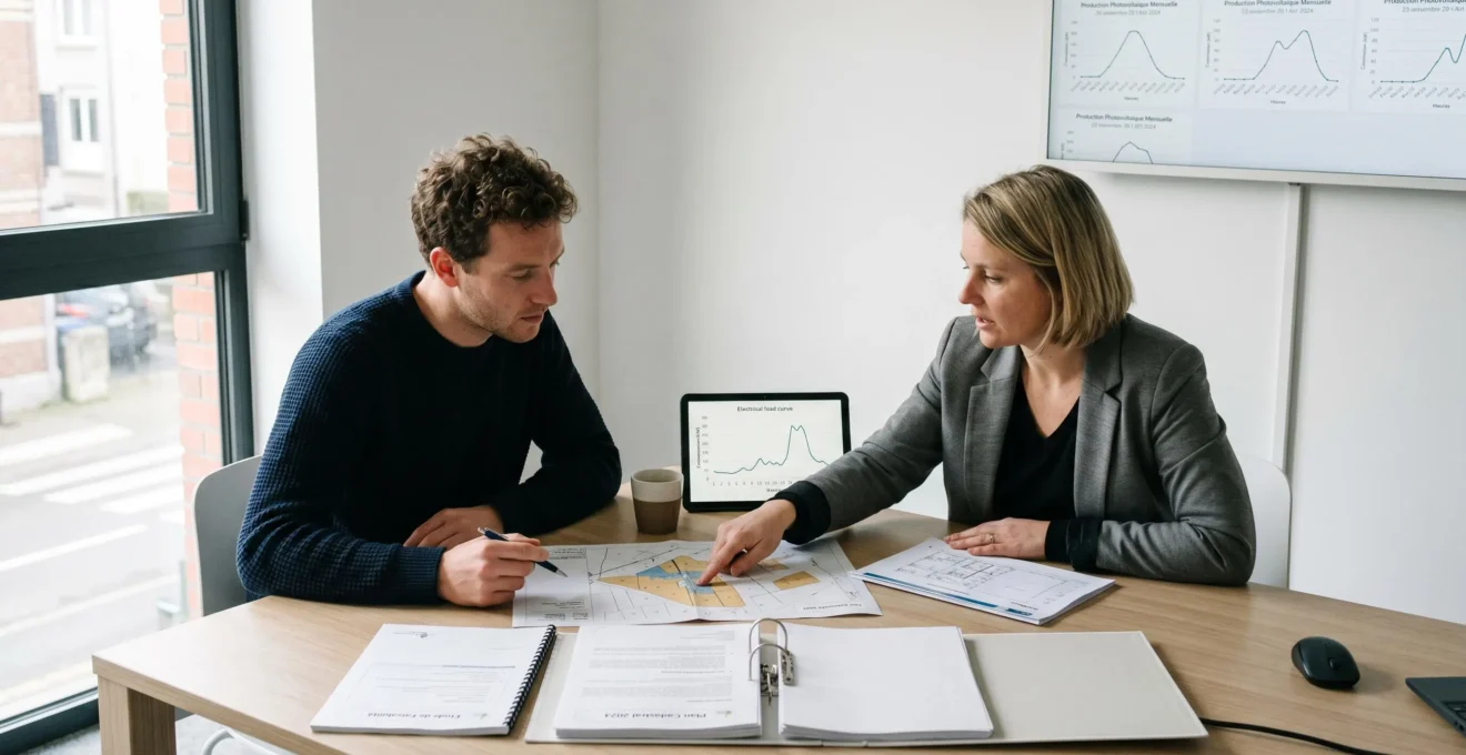 Consultation entre développeur de projet photovoltaïque et exploitant dans un bureau d'études énergétiques, documents techniques et simulations financières étalés sur une table de travail contemporaine, lumière naturelle et ambiance professionnelle.