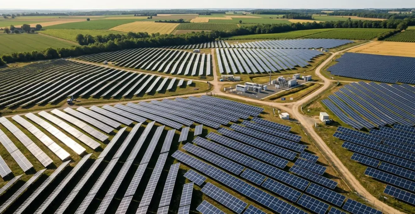 Vue aérienne d'un parc photovoltaïque au sol de plusieurs hectares en exploitation, rangées alignées de panneaux solaires monocristallins bleus sous lumière naturelle, infrastructures de raccordement électrique au second plan et paysage agricole français à l'horizon.