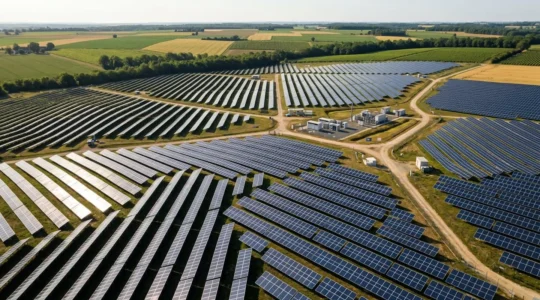 Vue aérienne d'un parc photovoltaïque au sol de plusieurs hectares en exploitation, rangées alignées de panneaux solaires monocristallins bleus sous lumière naturelle, infrastructures de raccordement électrique au second plan et paysage agricole français à l'horizon.