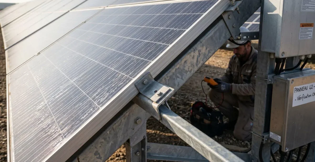 Vue rapprochée de panneaux photovoltaïques monocristallins montrant l'angle d'inclinaison des structures métalliques, orientation des rangées, détails de surface des cellules et technicien effectuant un contrôle de performance en arrière-plan, lumière naturelle rasante.